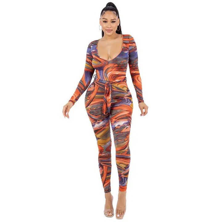 YJ3490 Djup V-ringad Långärmad Jumpsuit med Knytband i Midjan och Abstrakt Mönster för wholesale av Yellow Cabbage