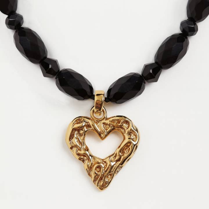 Mamba Black Obsidian Necklace with Gold Heart Pendant for wholesale by Lucy Andy Jewellery