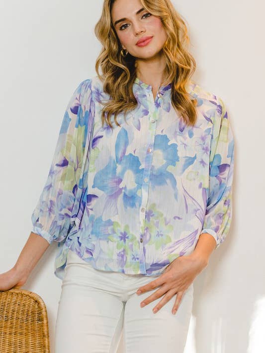Plus Floral Band Collar Button Down Blouse for wholesale by Oddi