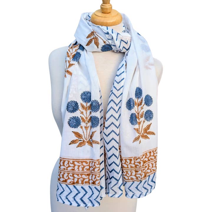 Pareo Sarong Lenço com Estampa de Bloco de Flores Azuis e Castanhas por atacado de Twinflower