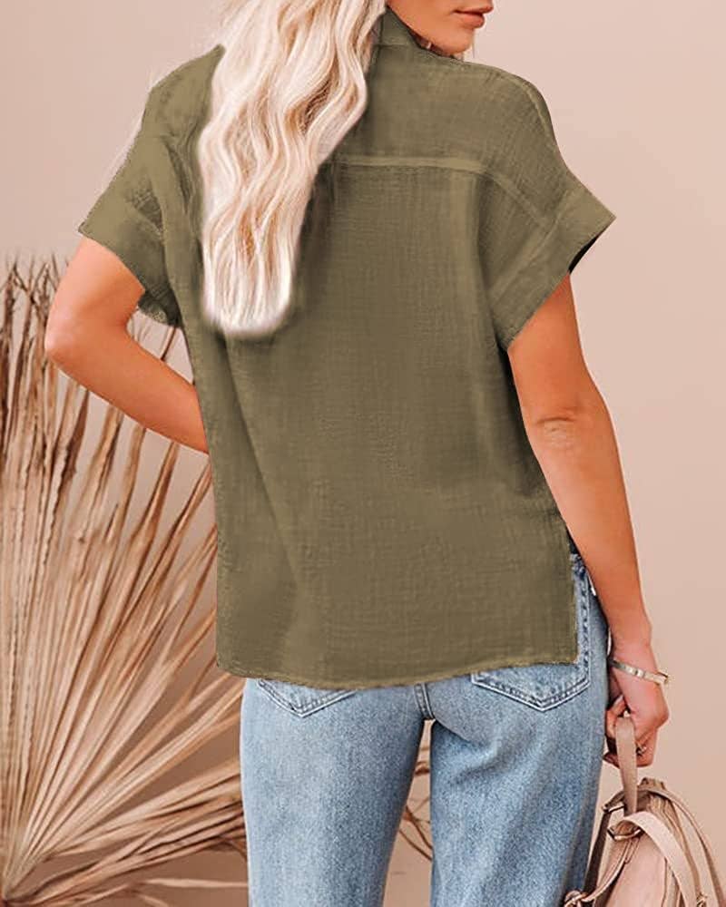 Rosa Clothing - Wholesale Button Down Shirt - Women's - Button-Lapel Pocket Slit Short-Sleeved Shirt3