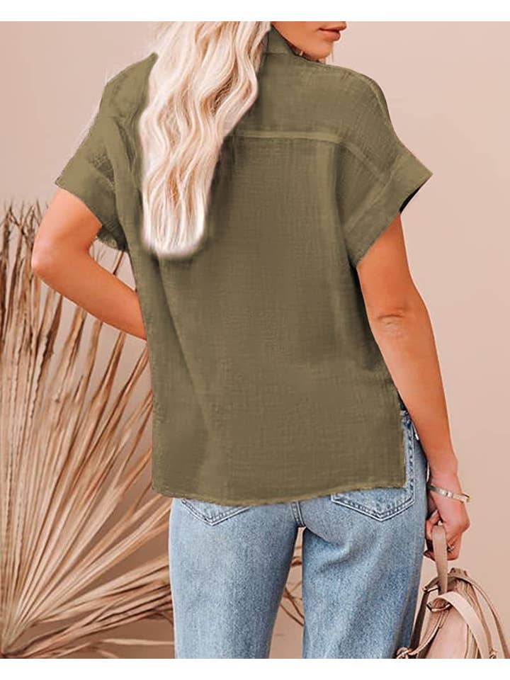Rosa Clothing - Wholesale Button Down Shirt - Women's - Button-Lapel Pocket Slit Short-Sleeved Shirt3