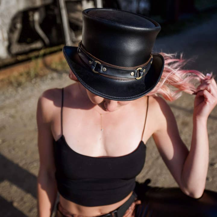 American Hat Makers - Wholesale Fedora - Unisex - Biker Leather Top Hat SR2 Band - Style El Dorado SR28
