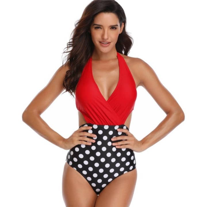Ekartini - Wholesale One Piece Swimsuit - Women's - Halterneck Tied Polka Dot One Piece Swimwear2
