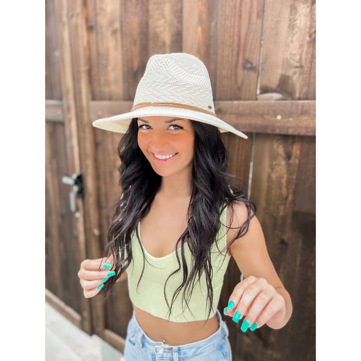 C.C Beanie - Wholesale Straw Hat - Women's - Knit Multi-Pattern C.C Panama Hat with Suede Cord KP015