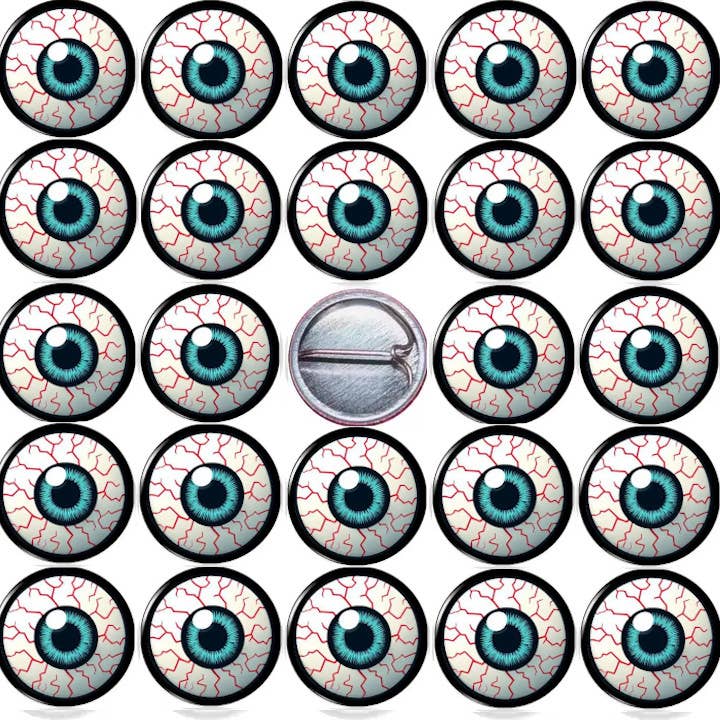 25 Eyeballs 1" inch (25mm) pins weird gross halloween horror for wholesale by Pinbax Express