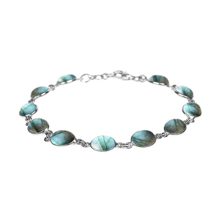 Bridget oval labradorite and silver bracelet for wholesale by Kali Ma Designs - Sterling Silver Jewellery
