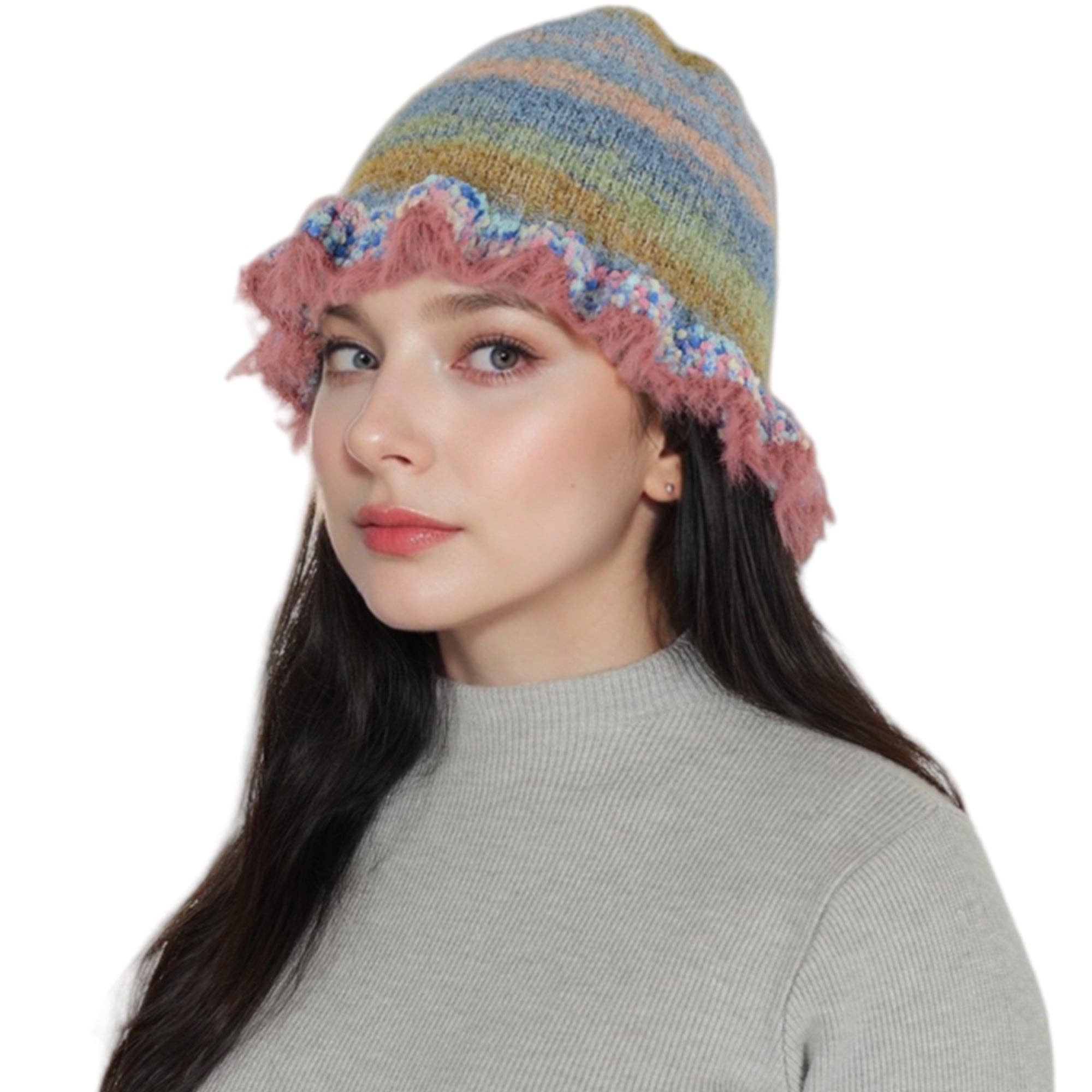 AK Brand – wholesale Bucket hat – Women's – Colorful Striped Knit Bucket Hat Fluffy Winter Fisherman Hat21