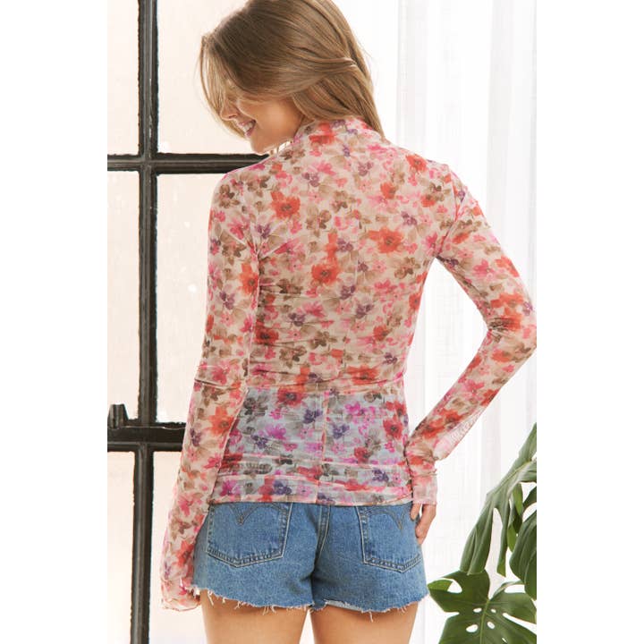 Sweet Generis - Wholesale Knit Top - Women's - CUTE FLORAL PRINT MESH HIGH NECK DESIGN LONG SLEEVE FITTED T25