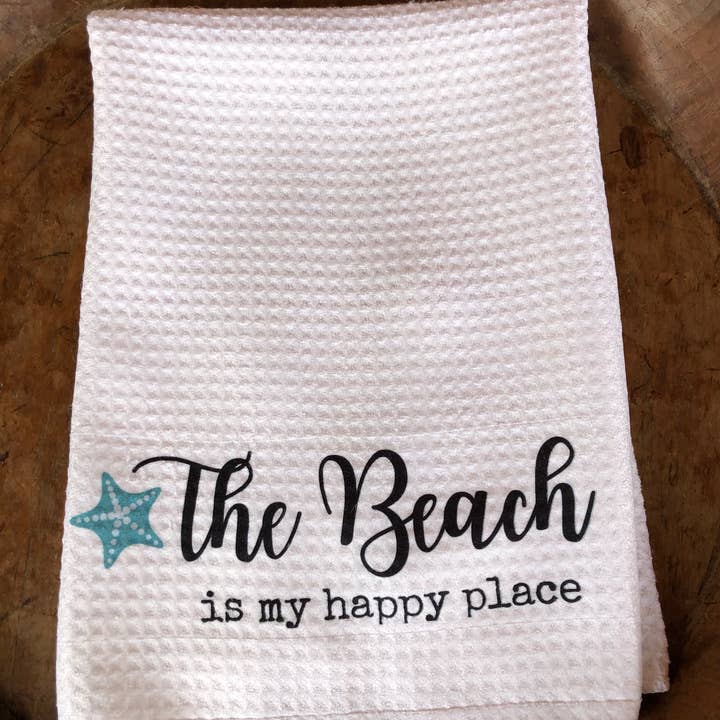 The Beach is my happy place waffle weave towel for wholesale by PDX Flower Power