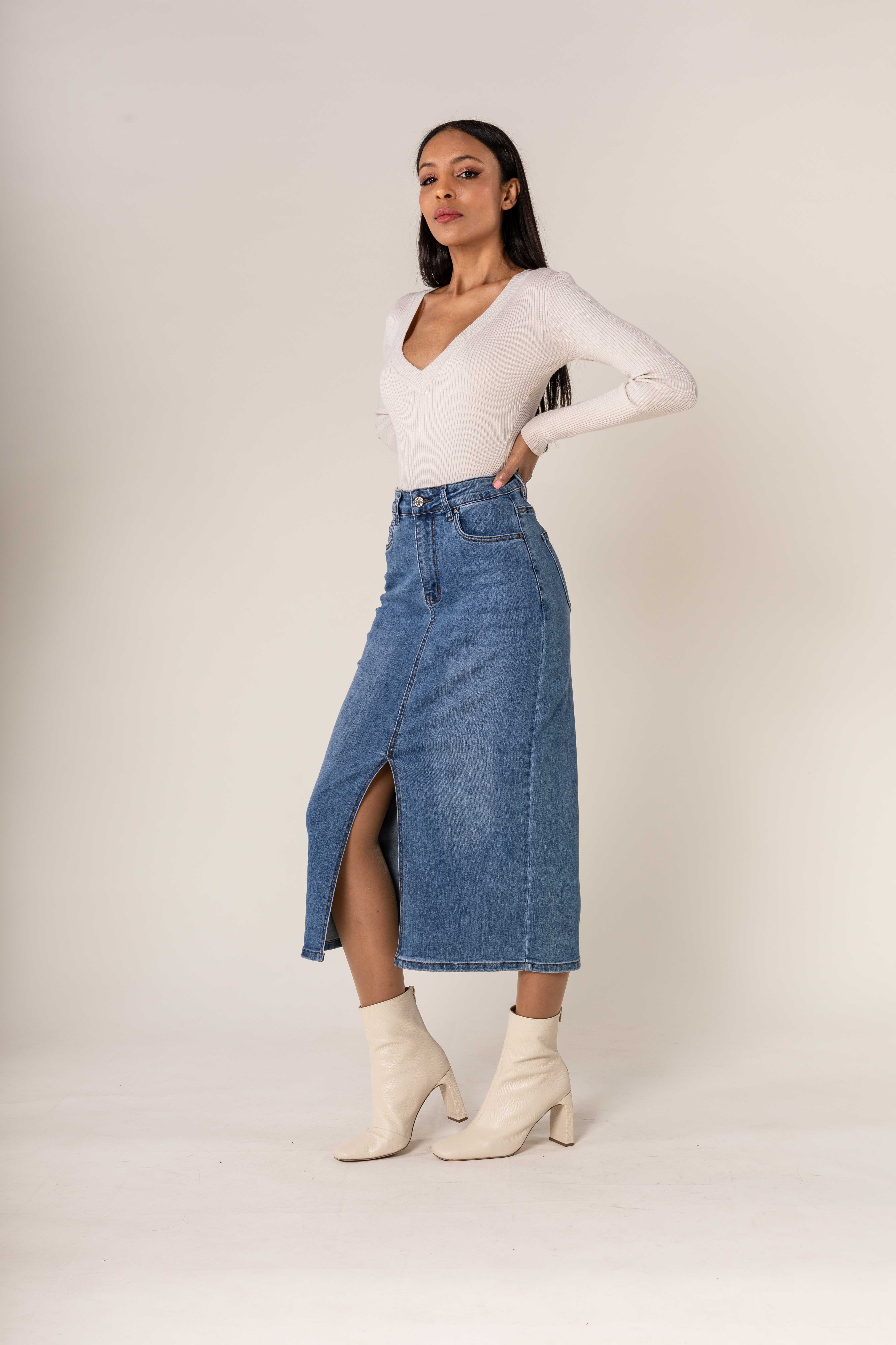 Nina Carter - Vendita all'ingrosso Gonna - Donna - Gonna lunga di denim Nina Carter con spacco frontale P2152