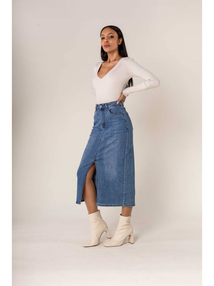 Nina Carter - Wholesale Skirt - Women's - Nina Carter denim jean long skirt with front split front P2152