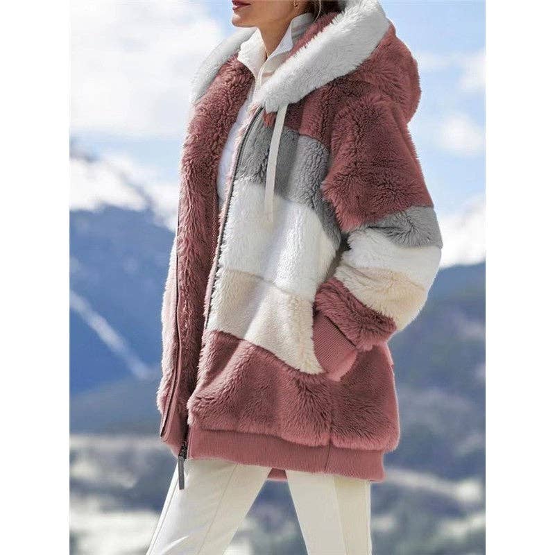 Ekartini - Vendita all'ingrosso Pelliccia/Pelliccia sintetica - Donna - Giacca invernale da donna alla moda in peluche patchwork con tasca con cerniera Giacca invernale con cappuccio Cappotto a maniche lunghe allentato retrò5