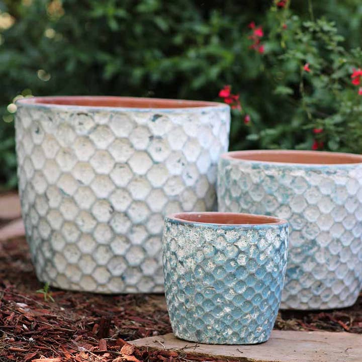 Egg Hexagon Handthrown, Aegean Blue, Set Of 3- 15"X12.5", 11"X9.5", 7.5"X7"
for wholesale by Pacific Home & Garden