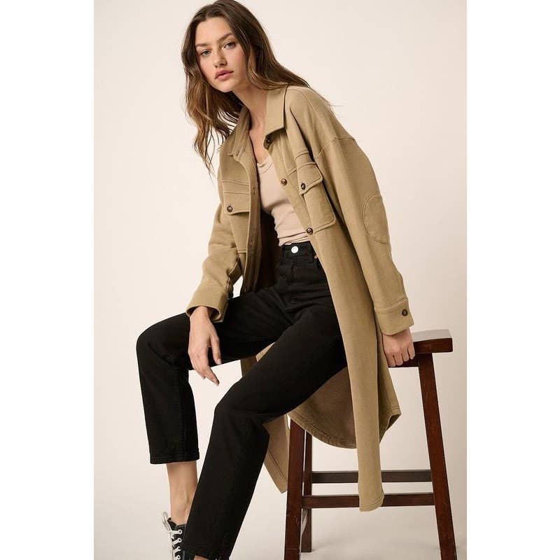 TAUPE ACID WASH FRENCH TERRY SHACKET for wholesale on Faire6