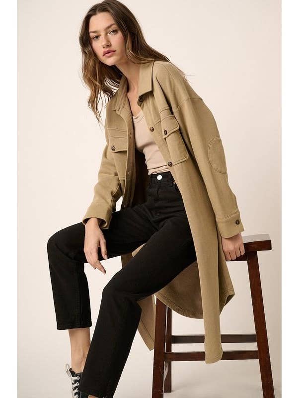 TAUPE ACID WASH FRENCH TERRY SHACKET for wholesale on Faire6