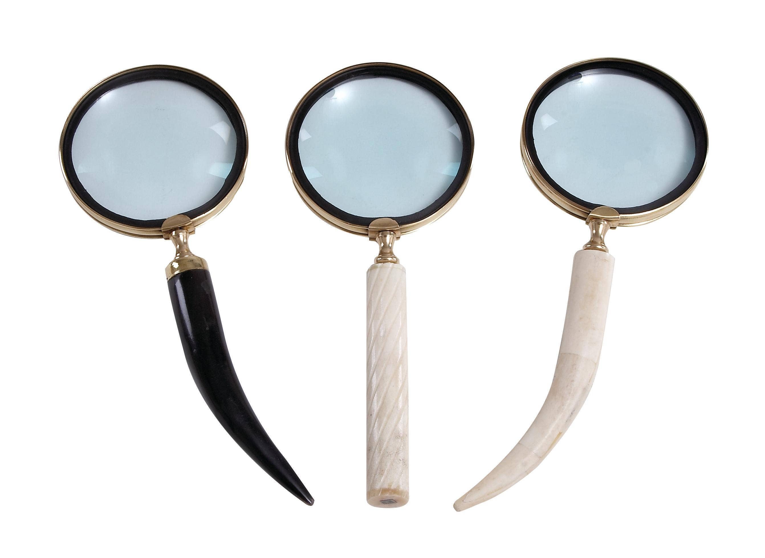 Import Corner - Wholesale Magnifying Glass - A-28329: METAL HORN MAGNIFIER 3 ASSORTED 4"W, 4"H1