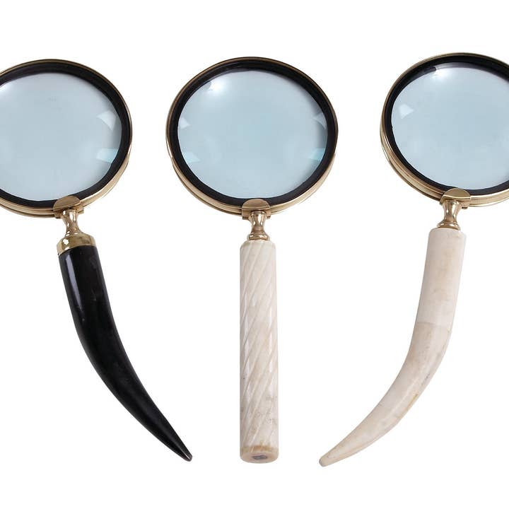 Import Corner - Wholesale Magnifying Glass - A-28329: METAL HORN MAGNIFIER 3 ASSORTED 4"W, 4"H1