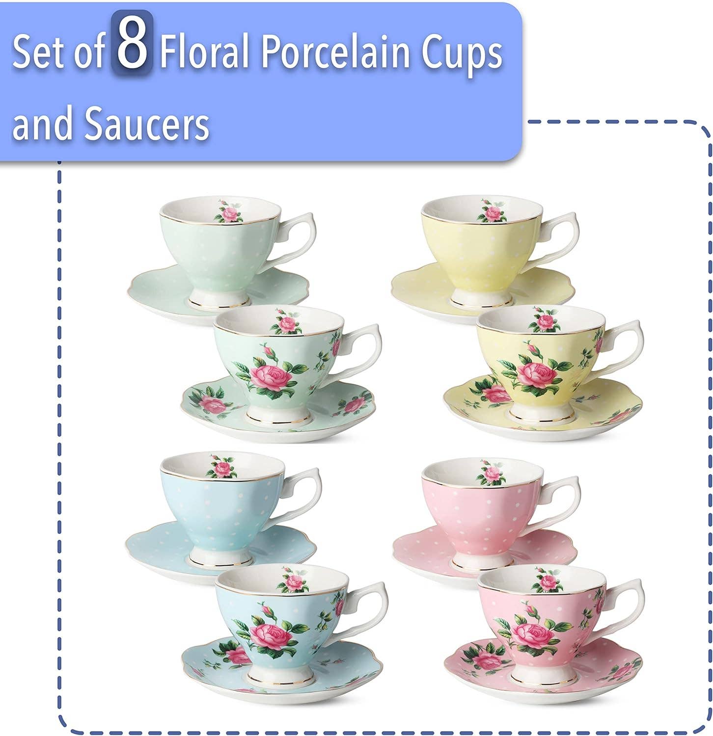Brew To A Tea - Wholesale Tea Set - BTaT Floral Tea Cups & Saucers Set of 8 with Gold Trim1