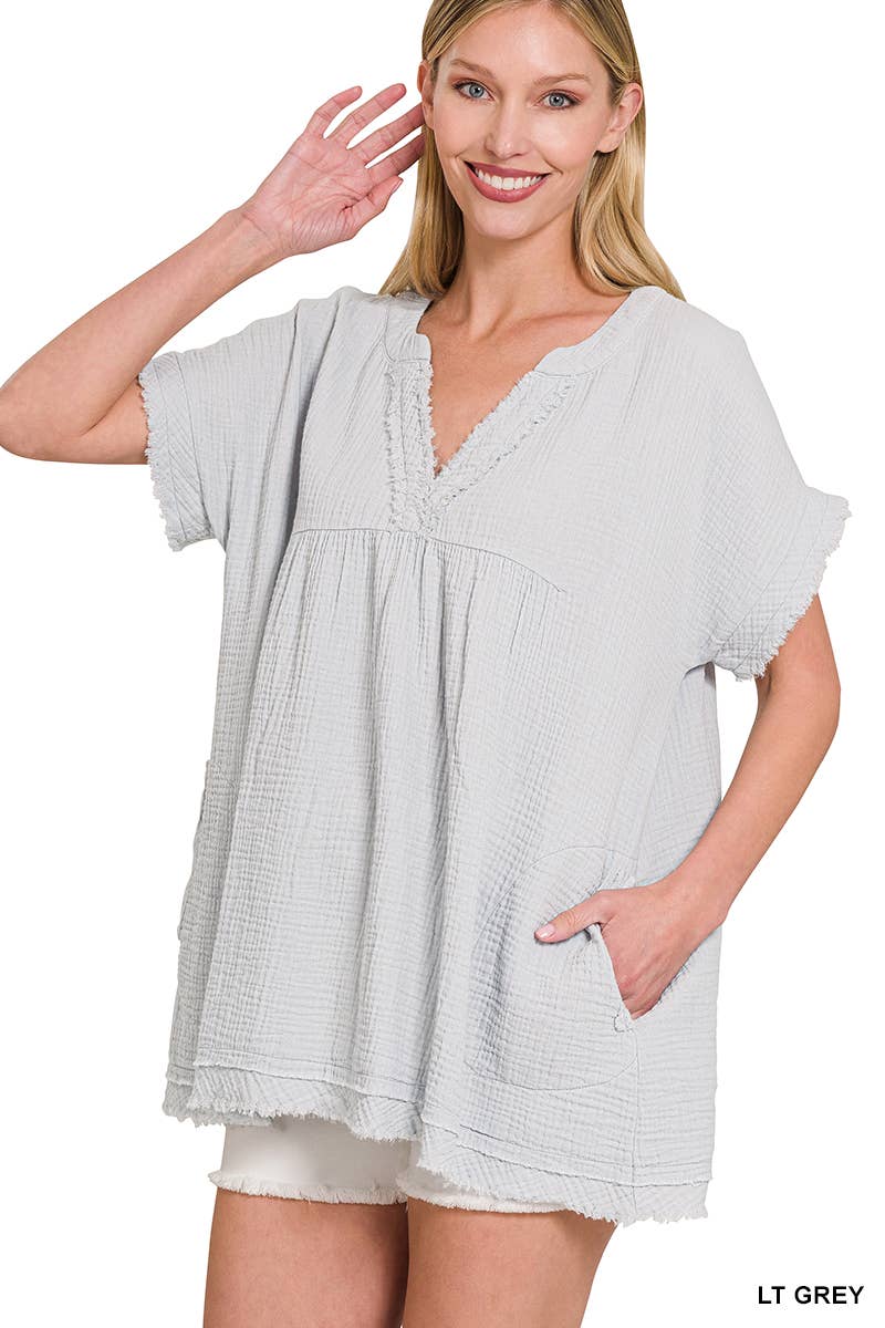 42POPS – wholesale Tunika - Dam – "Rå kant kortärmad V-ringad tröja9