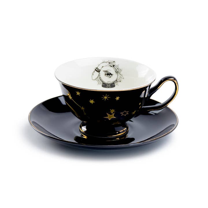 Grace Teaware - Wholesale Tea Set - Witchy Crystal Ball Astrology Black Gold Tea Cup and Saucer