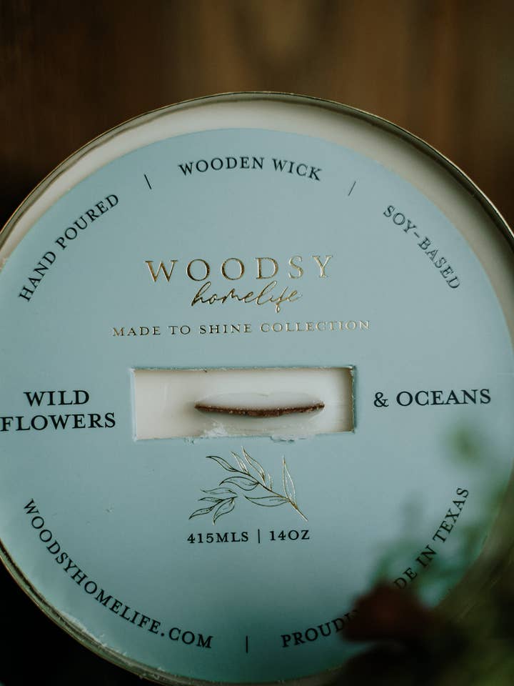 Wild Flowers & Oceans-Solid Brass 14oz Soy Candle for wholesale by Woodsy Homelife
