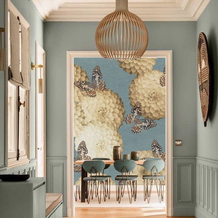 Daria Petrilli - Wholesale Wallpaper - WHITE DAHLIA AND BUTTERFLY LIGHT BLUE - WALLPAPER