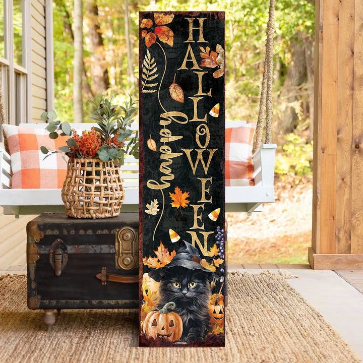 TX USA Corporation - Wholesale Outdoor Sign - 36in Happy Halloween Porch Sign - Front Porch Halloween Black Cat Welcome Sign, Vintage Halloween Decoration, Modern Farmhouse Decor