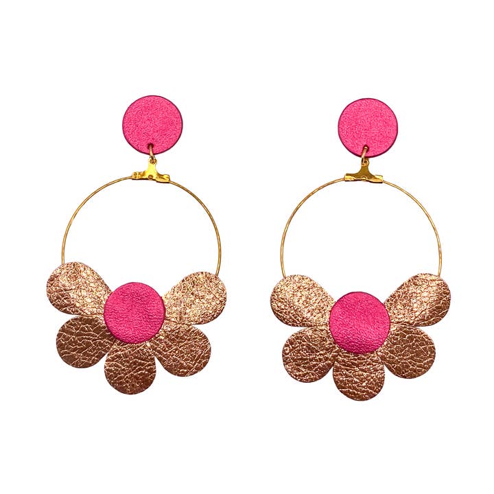 Amber and pink leather daisy earrings for wholesale by Manali