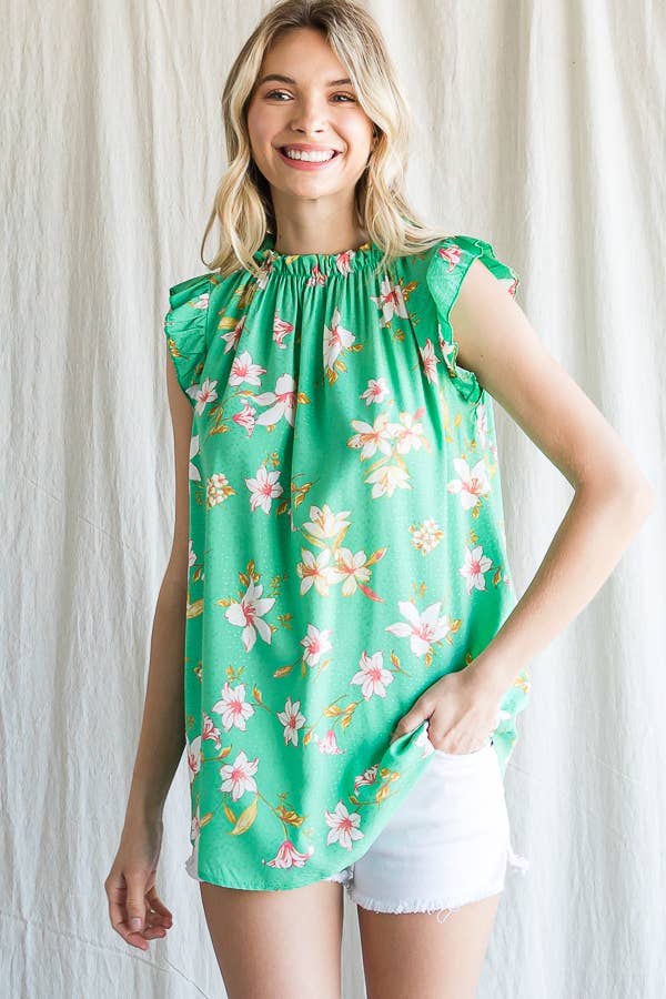 7th Ray - Wholesale Blouse - Women's - Boho Floral Ruffle Sleeve  Shirred Neckline Blouse T479311