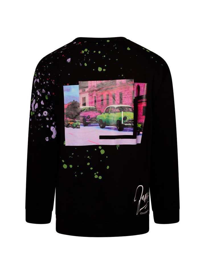 Black JC paint-splatter Jumper for wholesale on Faire3