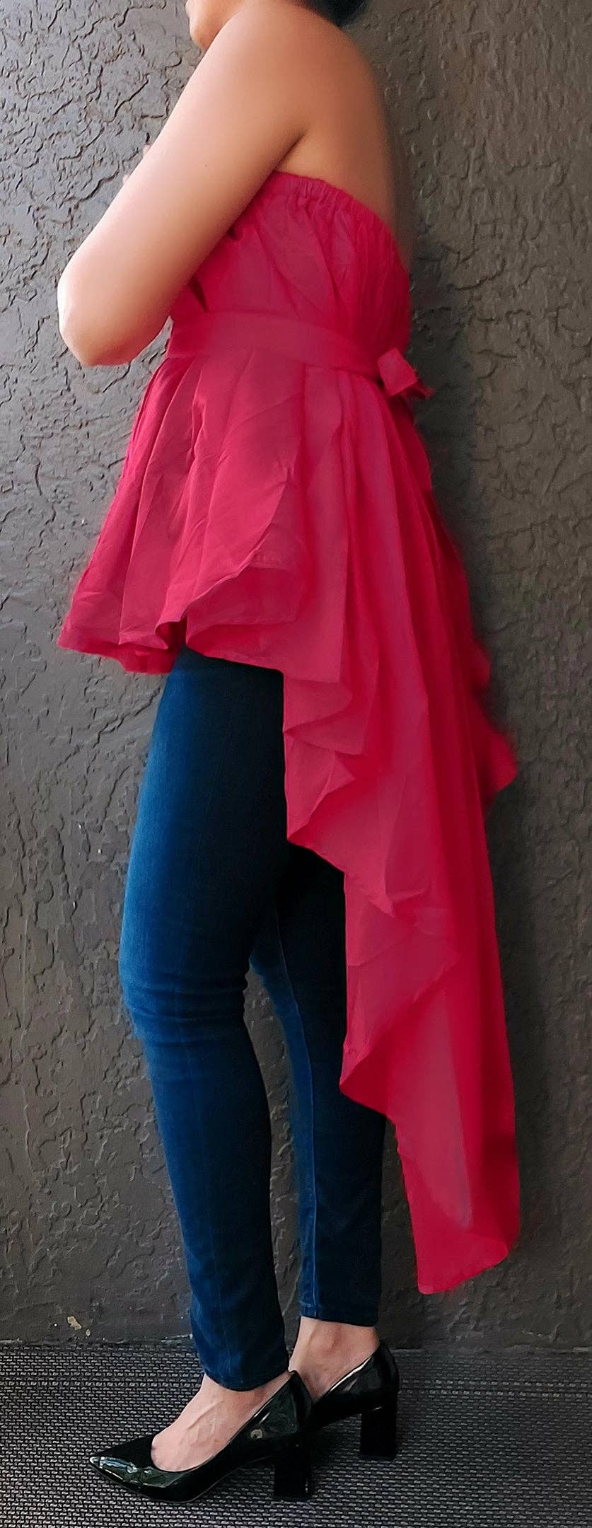 India Batik - Venta al por mayor Blusa - Mujer - Blusa Poncho / Falda Hi Lo / Multiuso / Rojo Sólido4