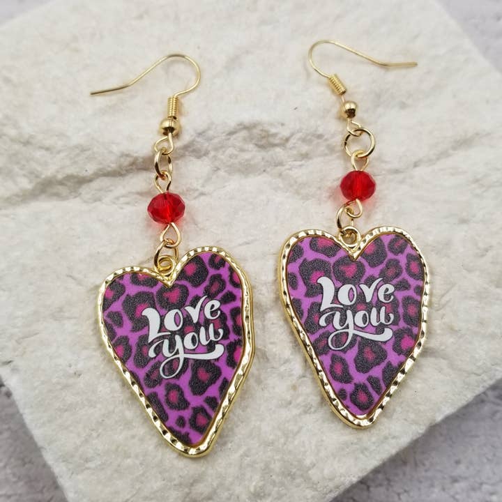 Lila leopard Alla hjärtans dag hjärtörhängen för wholesale av Treasure Wholesale