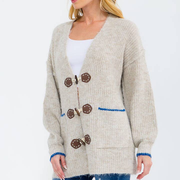 BK025J- Fuzzy knit toggle closure longline cardigan for wholesale by IWT Brands