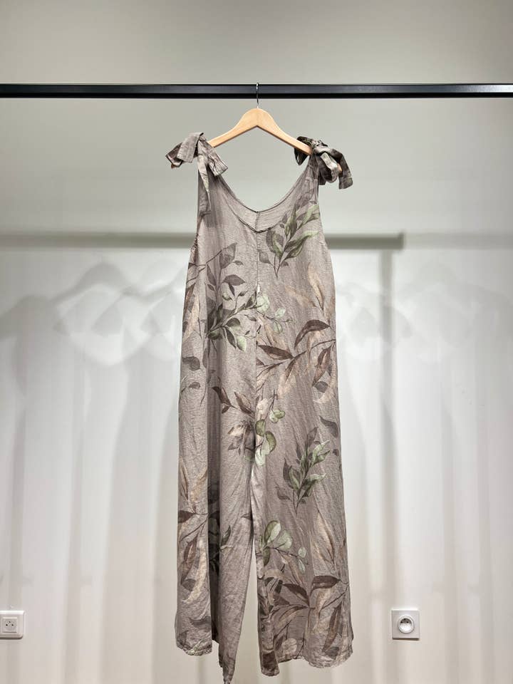 L'Emotion - Wholesale Jumpsuit - Women's - Floral Pattern Knotted Strap Jumpsuit 100% Linen