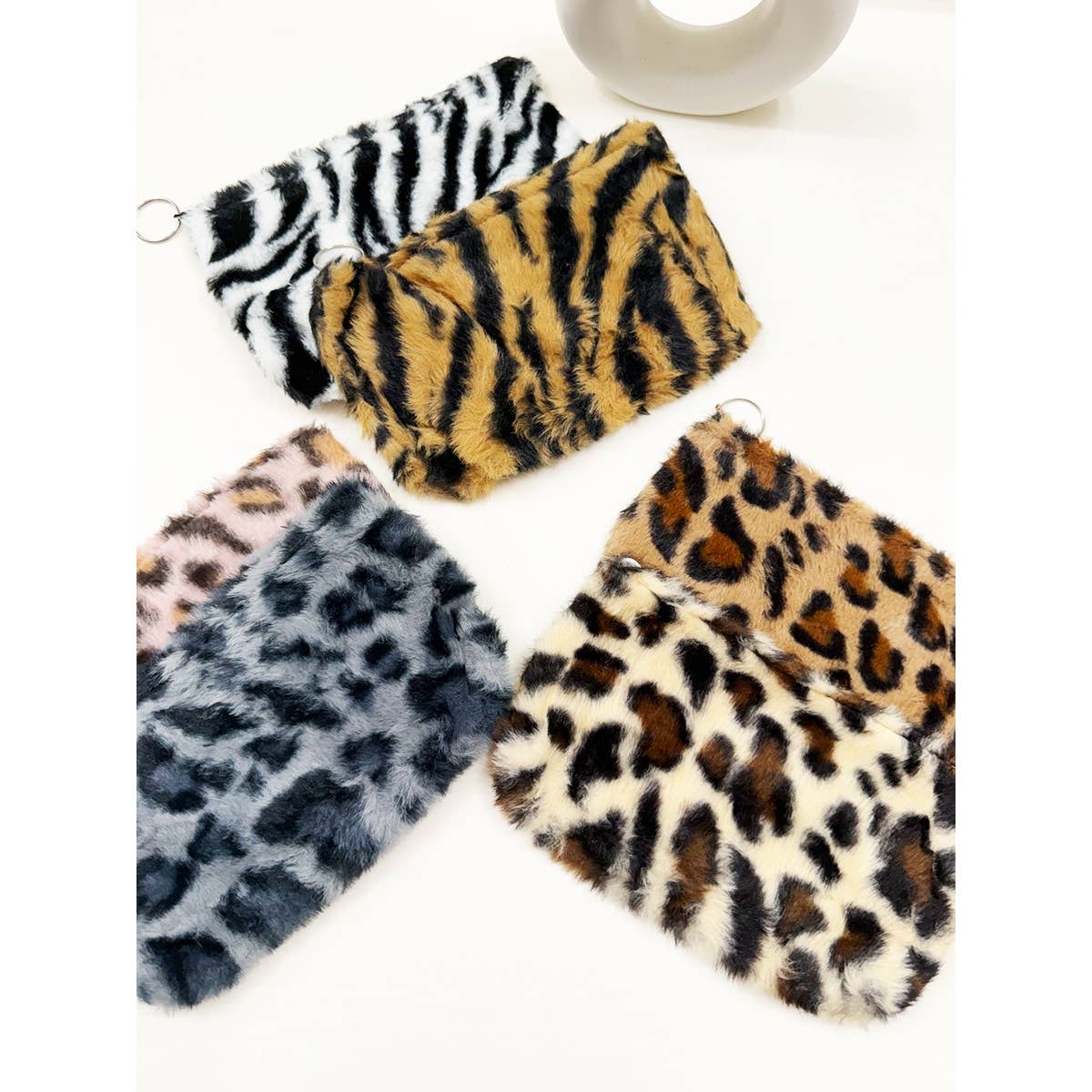 MIX COLOR Faux Fur Leopard Design Coin Purse with Key Ring for wholesale on Faire2