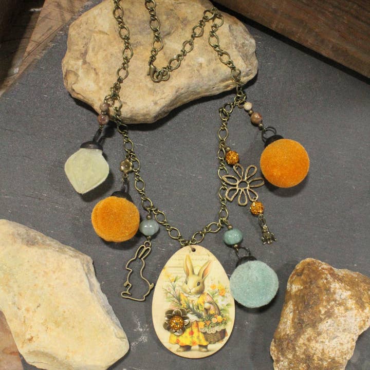 Flower Garden Mustard Bunny Charm'd Necklace for wholesale by The Primitive Peddler, Inc.