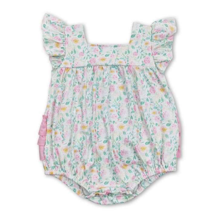Pink ruffle floral baby girls summer romper for wholesale by Yawoo Garments