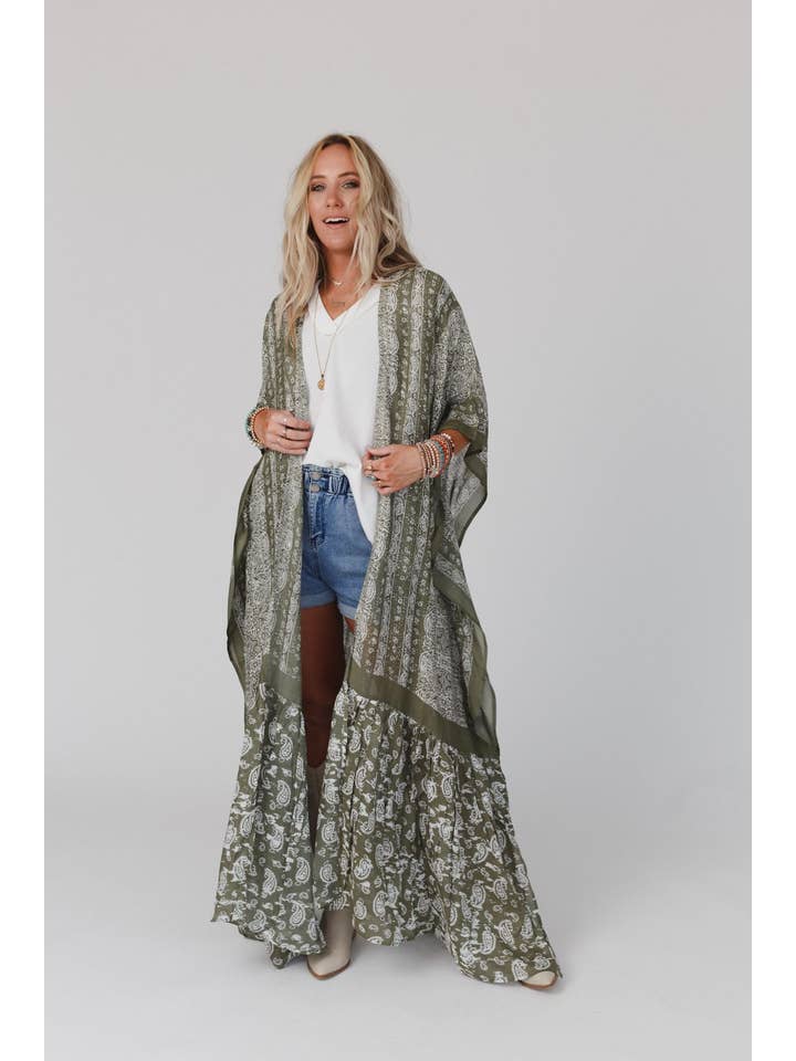 Three Bird Nest - Wholesale Kimono - Women's - Paisley Tapestry Free Flow Duster Kimono - Olive9