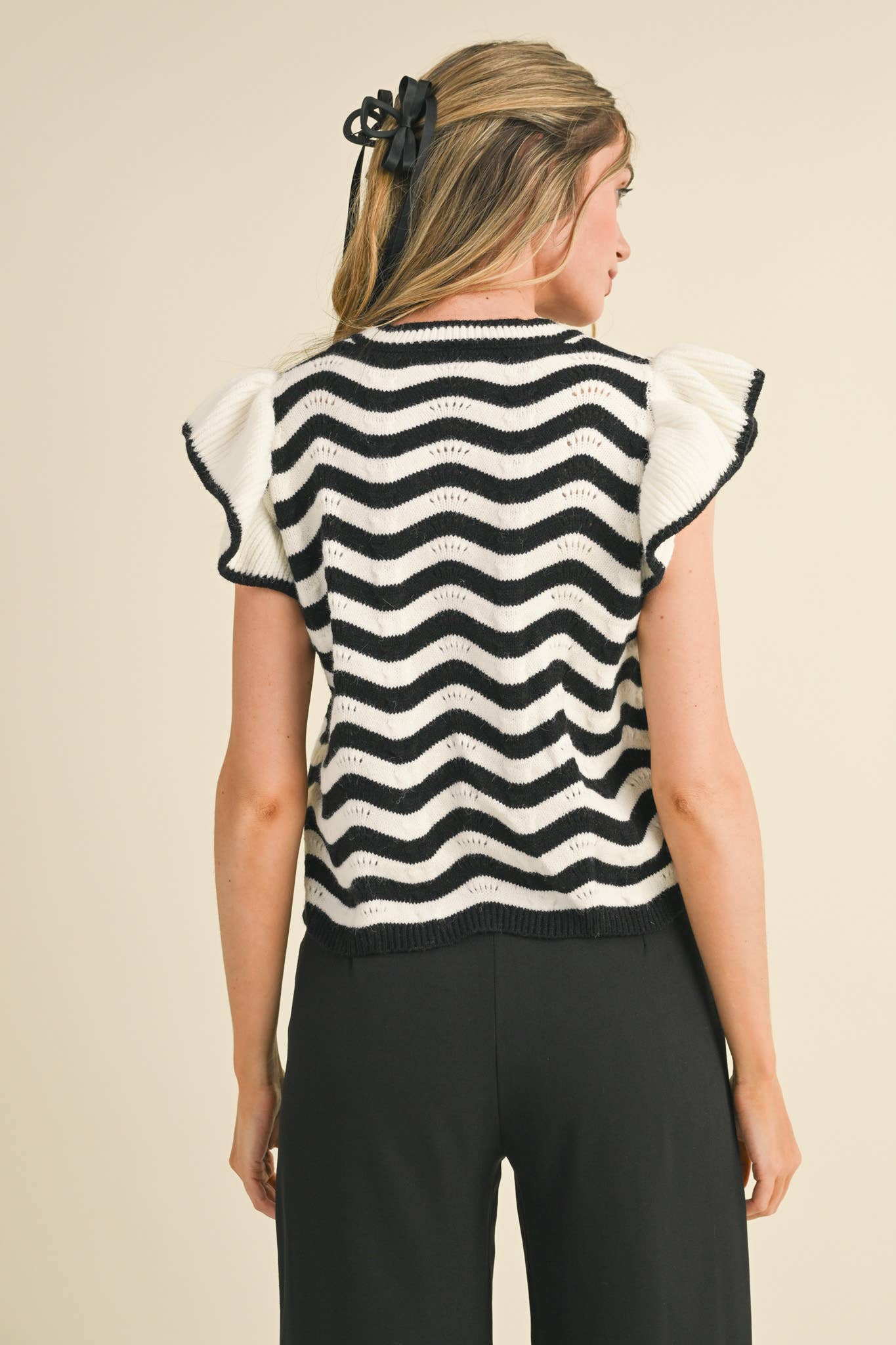 &MERCI - Wholesale Knit Sweater - Women's - WAVY STRIPES FLUTTER SLEEVE SWEATER TOP MSW105098