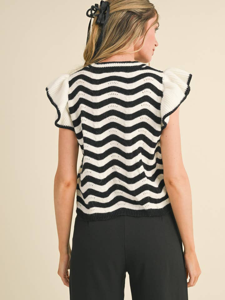 &MERCI - Wholesale Knit Sweater - Women's - WAVY STRIPES FLUTTER SLEEVE SWEATER TOP MSW105098