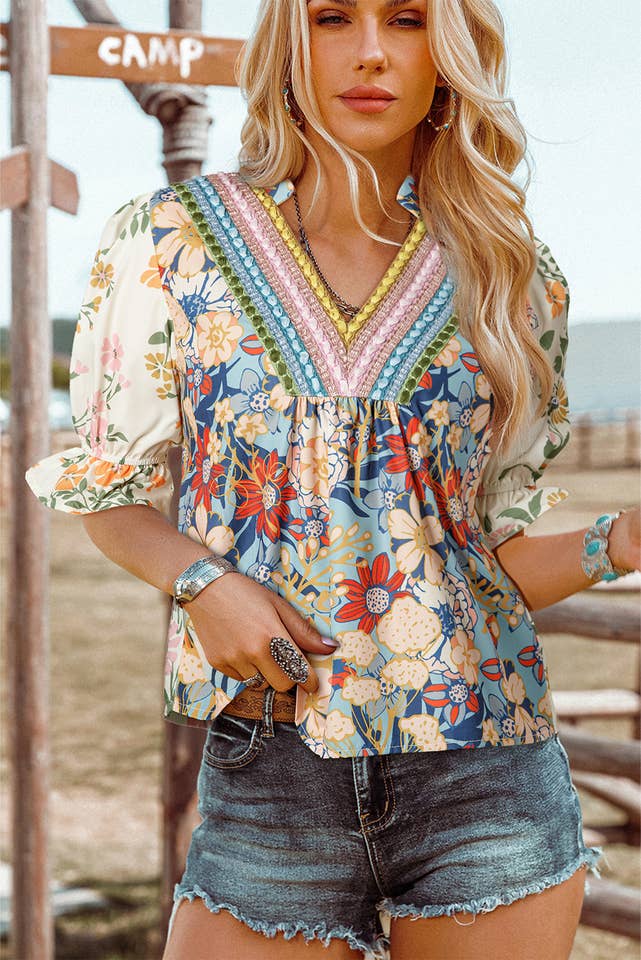 As shown Fashion-W Crochet Boho Half & Long Sleeve Floral Blouse for wholesale on Faire6