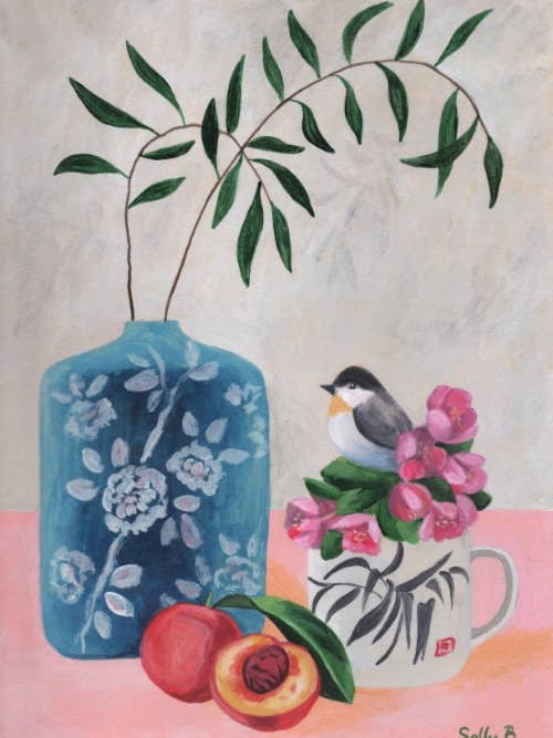 Vase chinoiserie oiseau imprimé pêche et fleurs pour la vente par Sally B