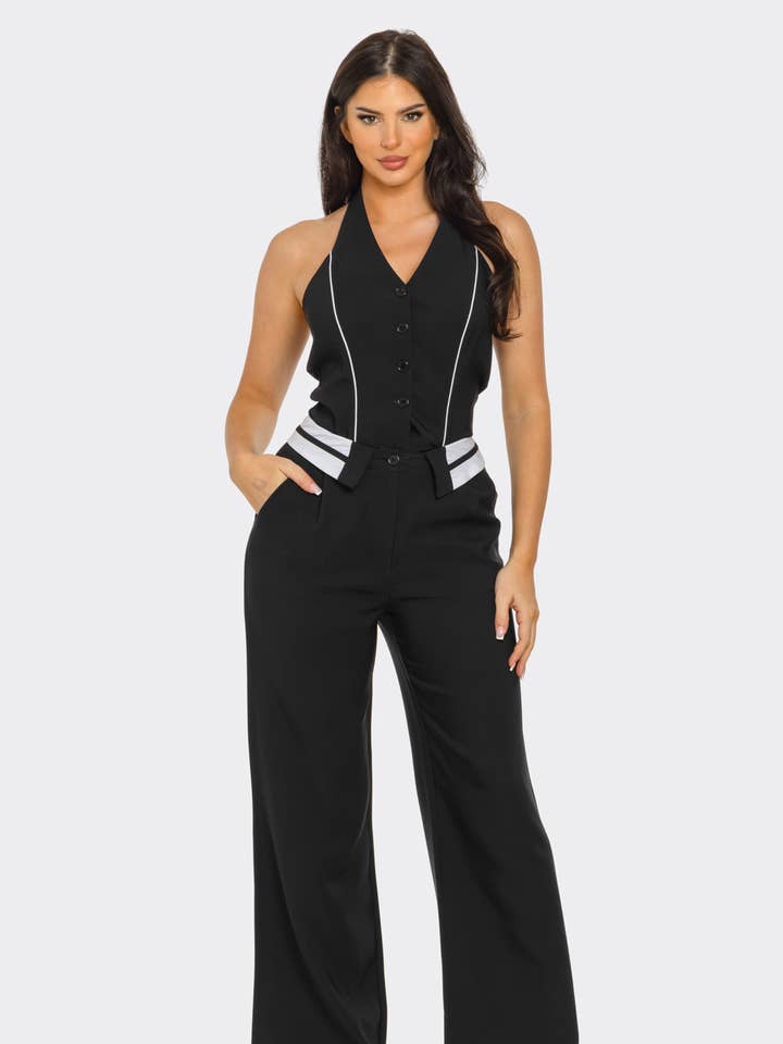 Julia by LoveJ - Venta al por mayor Peto - Mujer - Mono de pierna ancha con chaleco de botones delanteros y cintura fruncida0