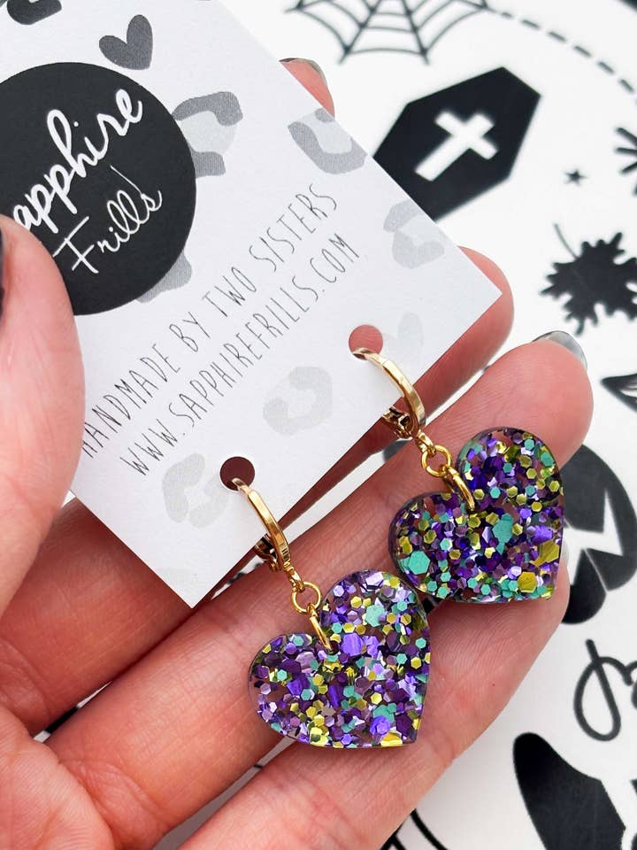 Spellbound Hexagon Glitter Acrylic Heart 1cm Hoop Earrings for wholesale by Sapphire Frills Ltd