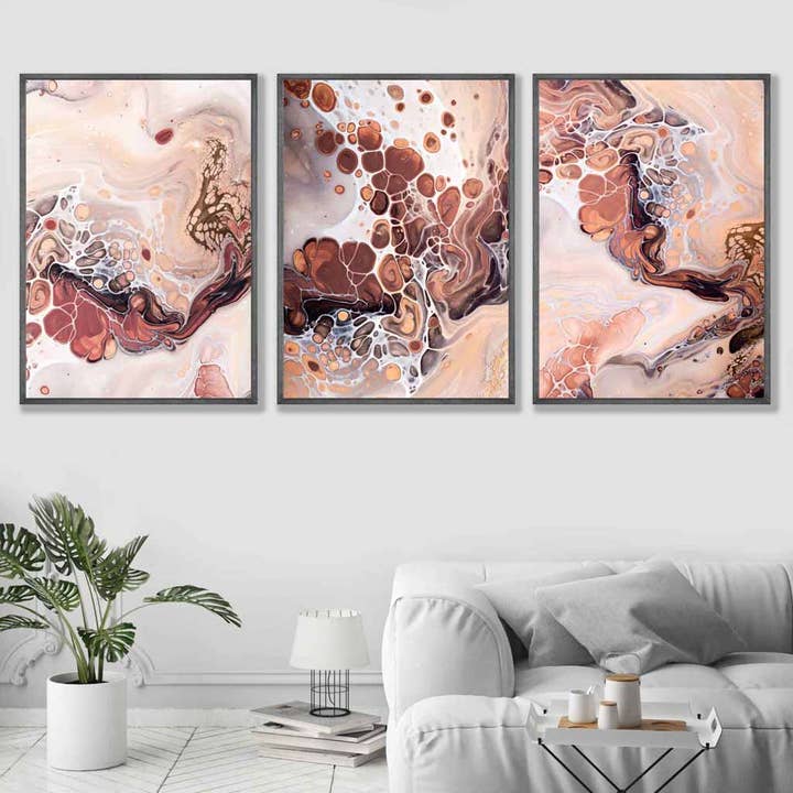 Set of 3 Abstract Beige Brown Terracotta Fluid Wall Art Prints for wholesale by Artze Wall Art