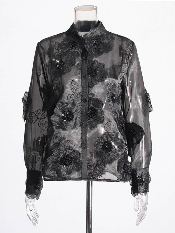 Productseeker - Wholesale Button Down Shirt - Women's - ST003 Luxe Organza Shirt with 3D Floral Sequin Detail10