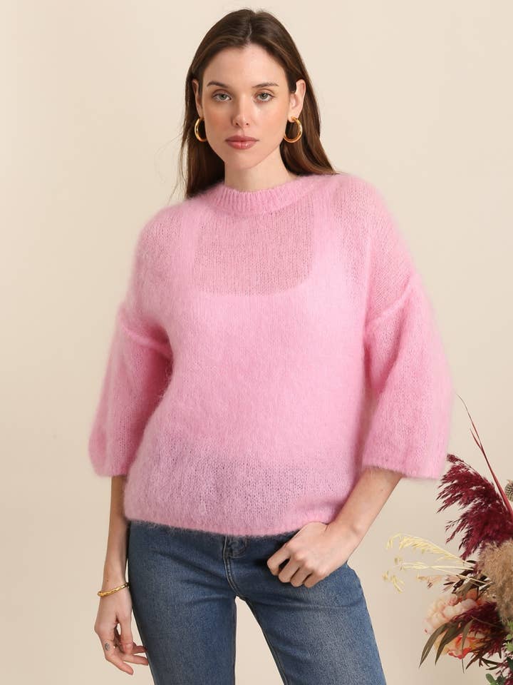 NAÏS PARIS - Vente Pull en maille – femme - PULL COL ROND MANCHES COURTES EN 80% KID MOHAIR