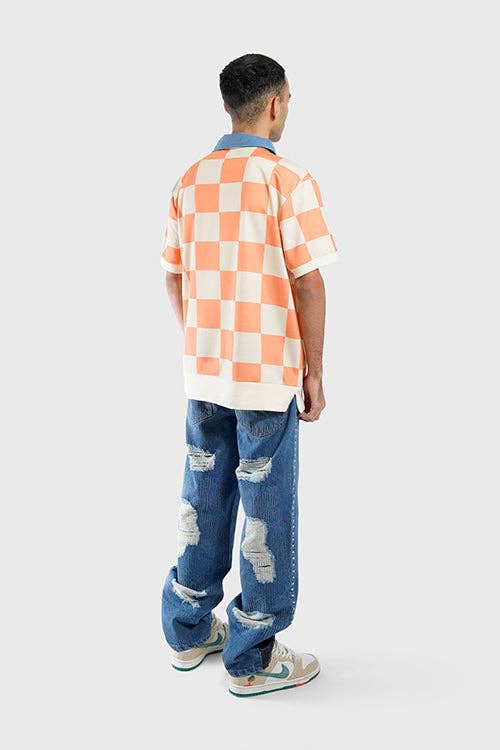 Zitrus-Orange Kariertes Polohemd aus Denim-Kragen für den Großhandel auf Faire4