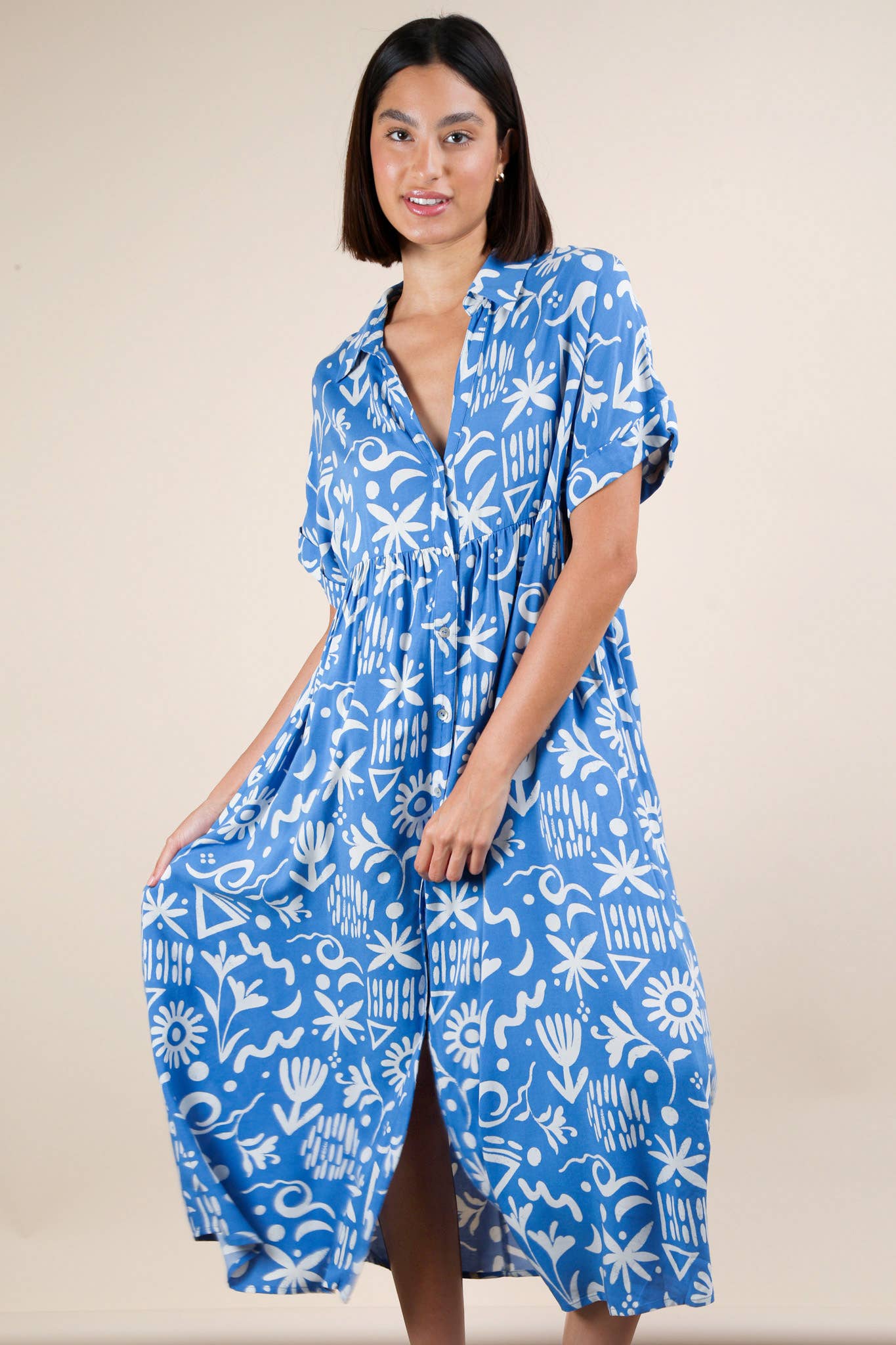 MÉLANGE COUCHER DE SOLEIL ND31583X-PLUS SIZE Robe midi à chemise imprimée surdimensionnée en vente sur Faire2